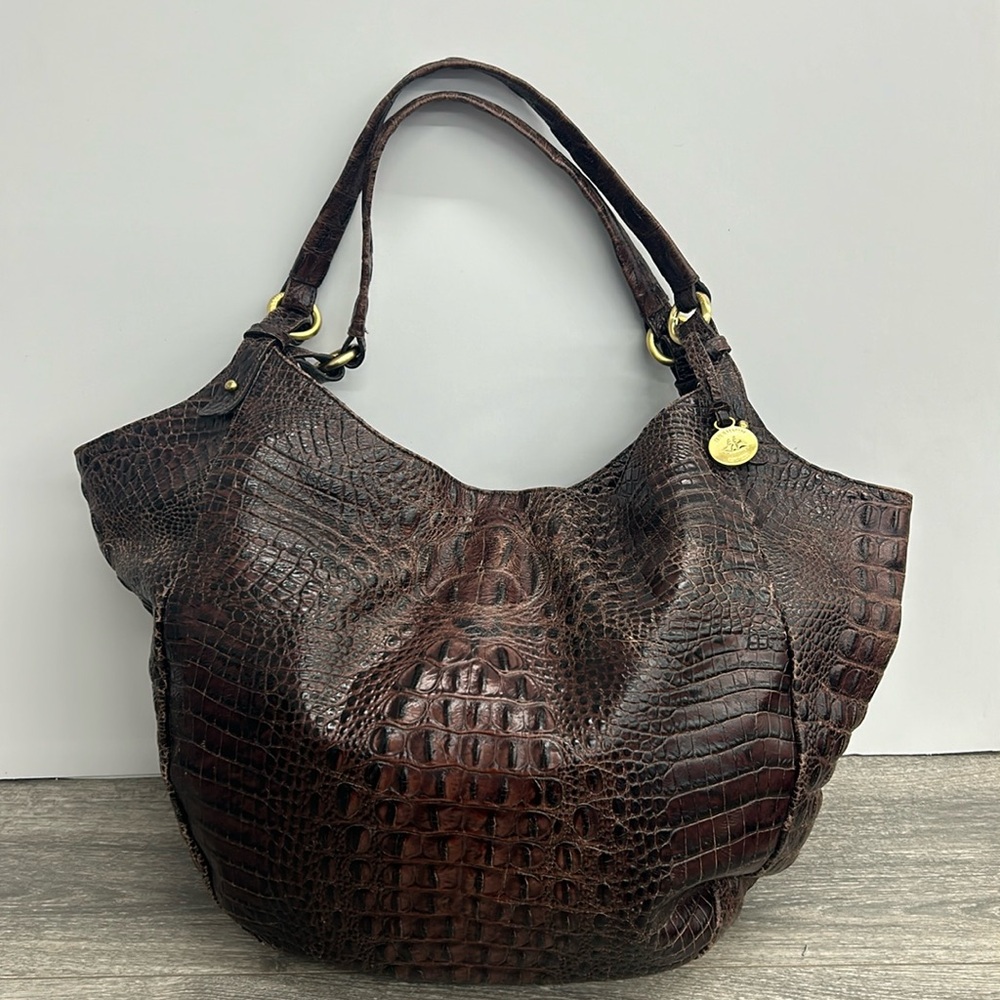 Brahmin Dark Brown Croc-Embossed Leather Hobo